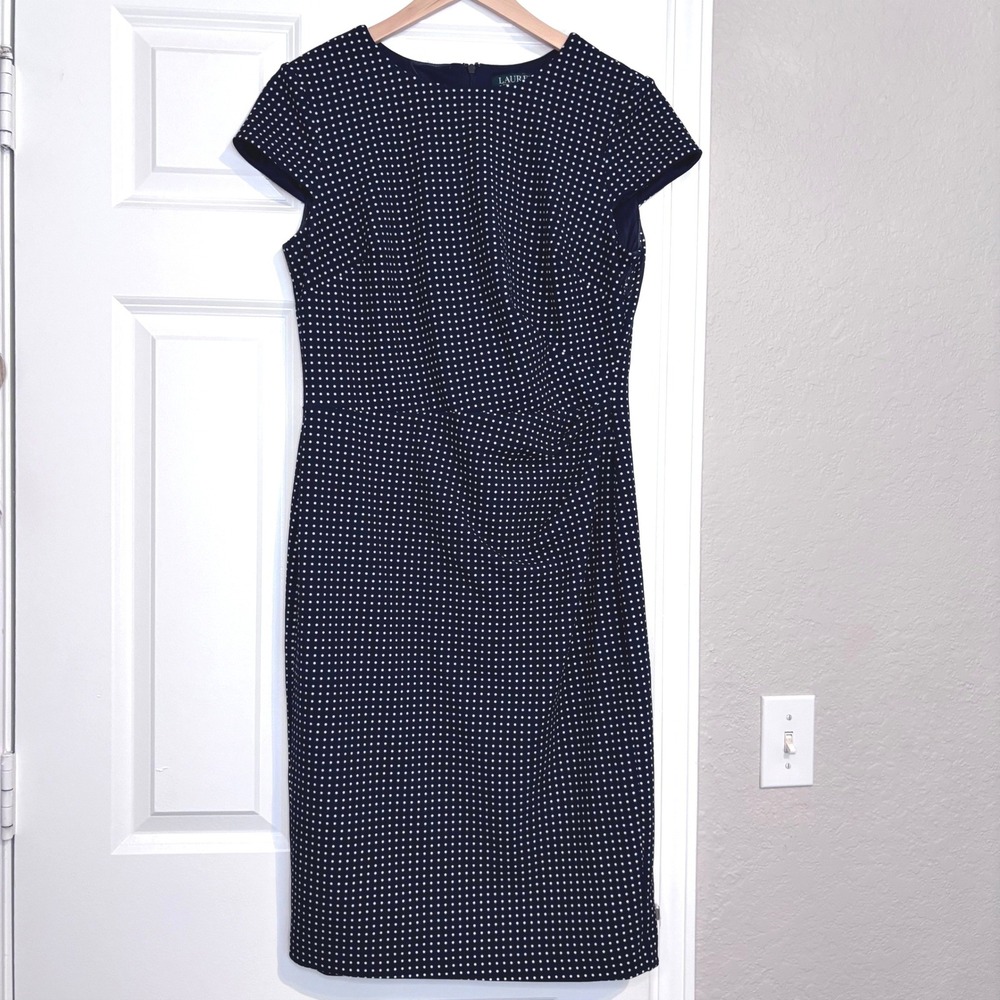 Lauren Ralph Lauren Classic Old Money Polka Dots Twisted Front Sheath Dress Sz 8